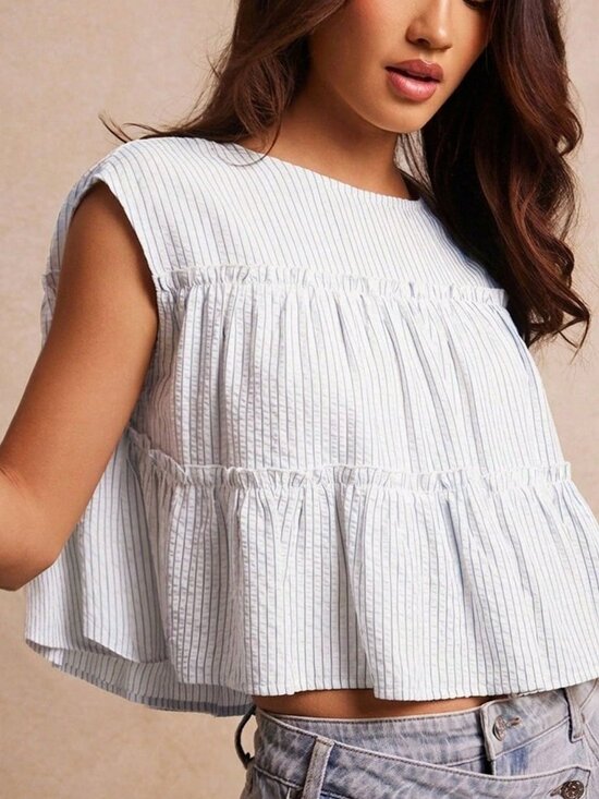 Tops - Blue And White Casual Women's Striped Woven Round Neck Cap Sleeve Ruffle Top